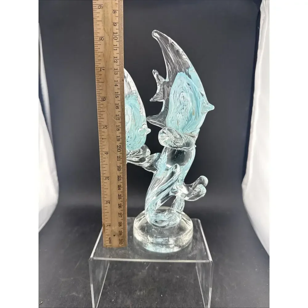 Vintage Murano Style Art Glass Double Angelfish on Wave Sculpture Blue Clear